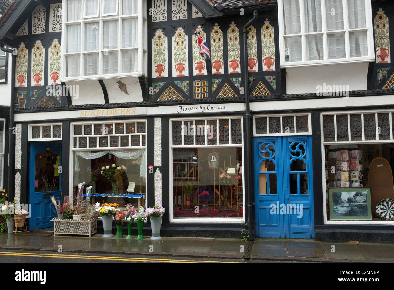 Decorated walls of a traditional black and white building in Presteigne