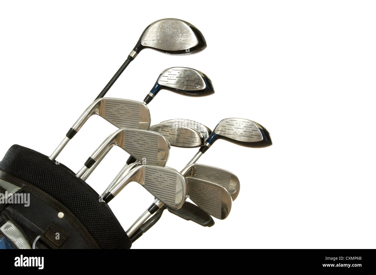 Set of Golf clubs on white background, including irons, metal woods and a  putter in a golf bag Stock Photo - Alamy
