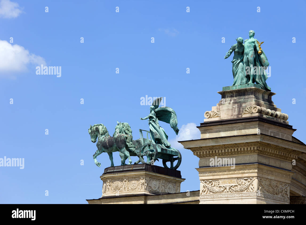 Millennium Monument on the Heroes Square in Budapest, Hungary with statues symbolizing Peace, Knowledge and Glory. Stock Photo