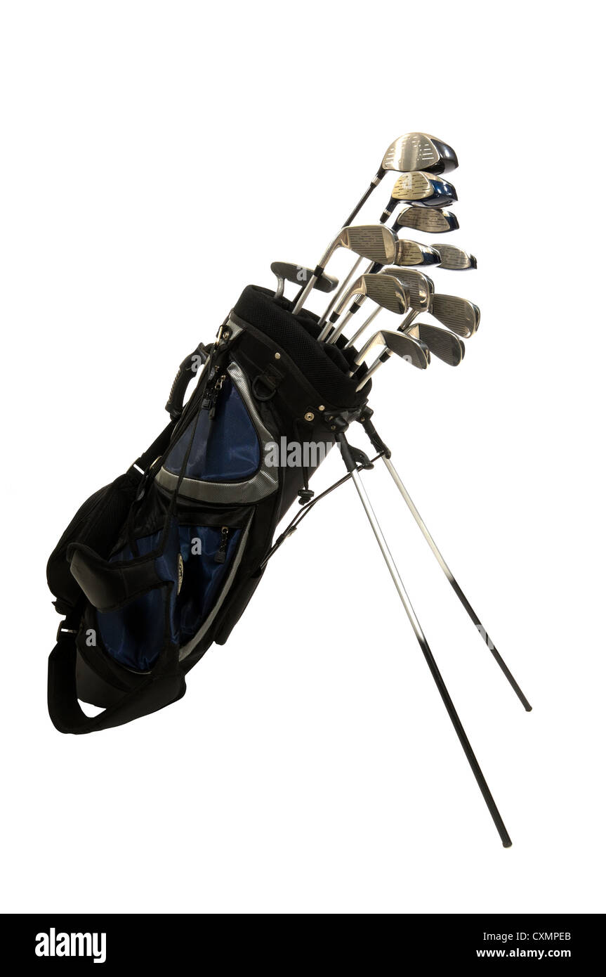 Set of Golf clubs on white background, including irons, metal woods and