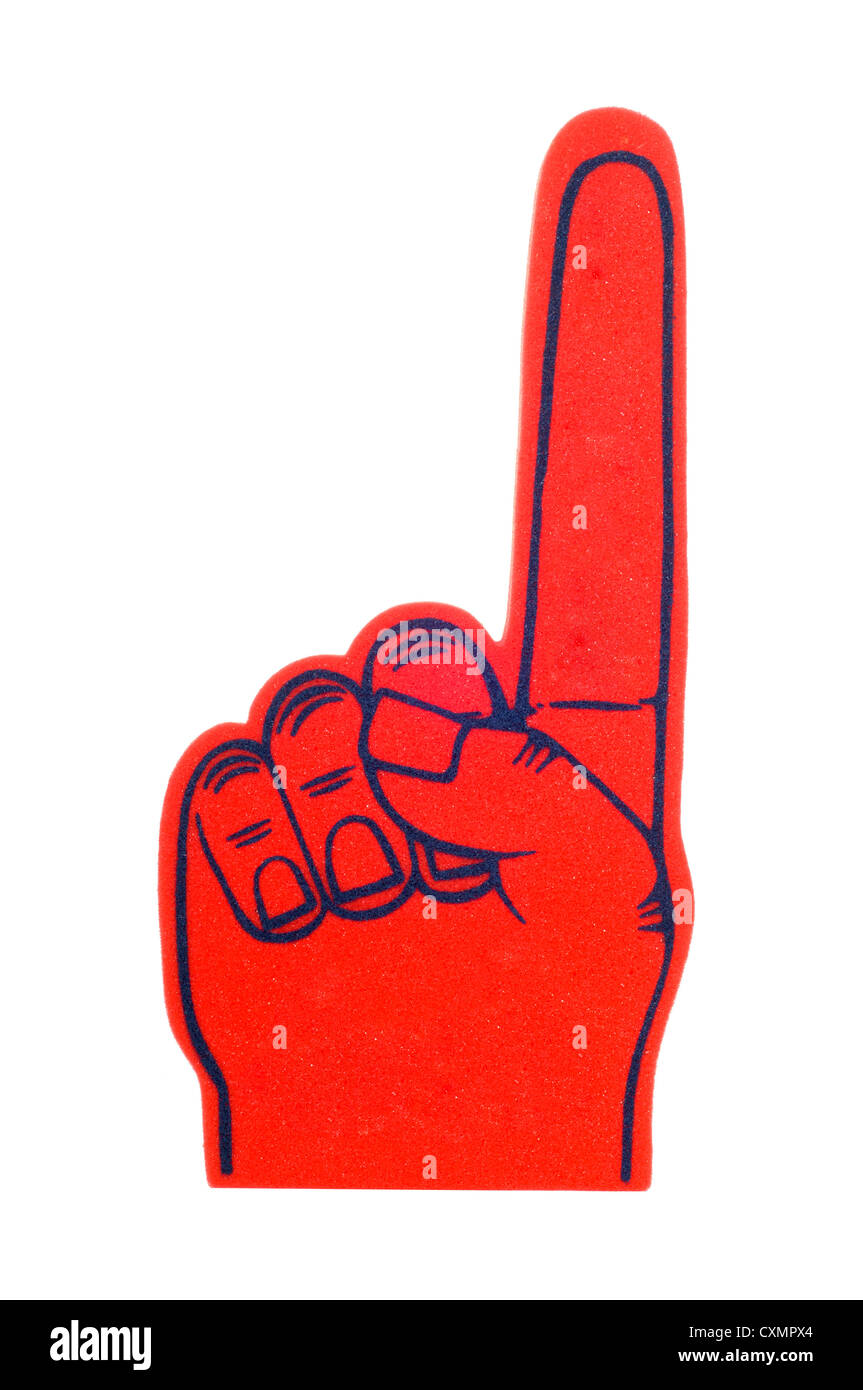 Blank foam finger making the 'we're number 1 symbol' in red and blue, add text to the hand or above hand, - lots of copy space Stock Photo