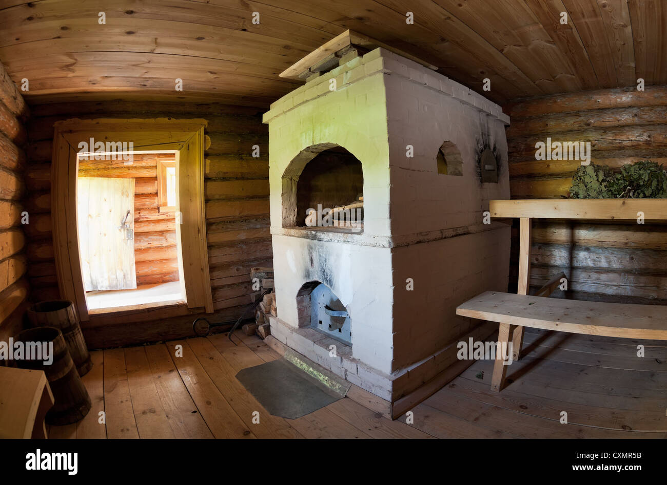 Interior of the Russian bath with stove Stock Photo