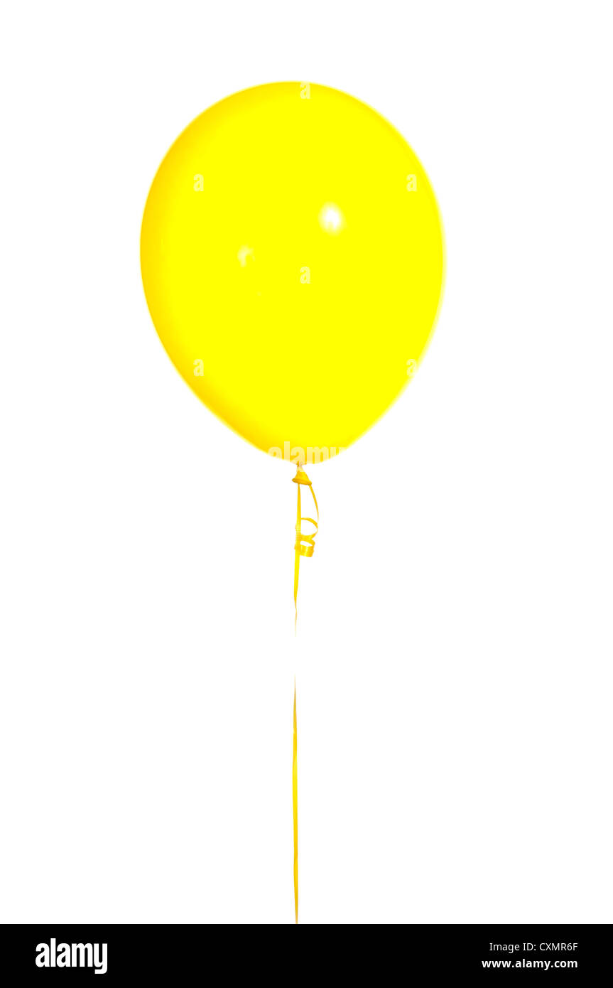 Yellow party balloon on string with a white background Stock Photo