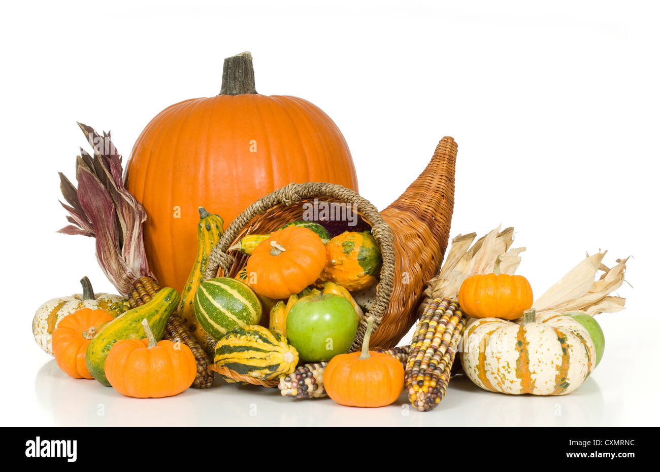 Cornucopia with fall harvest items including pumpkins, gourds, apples ...