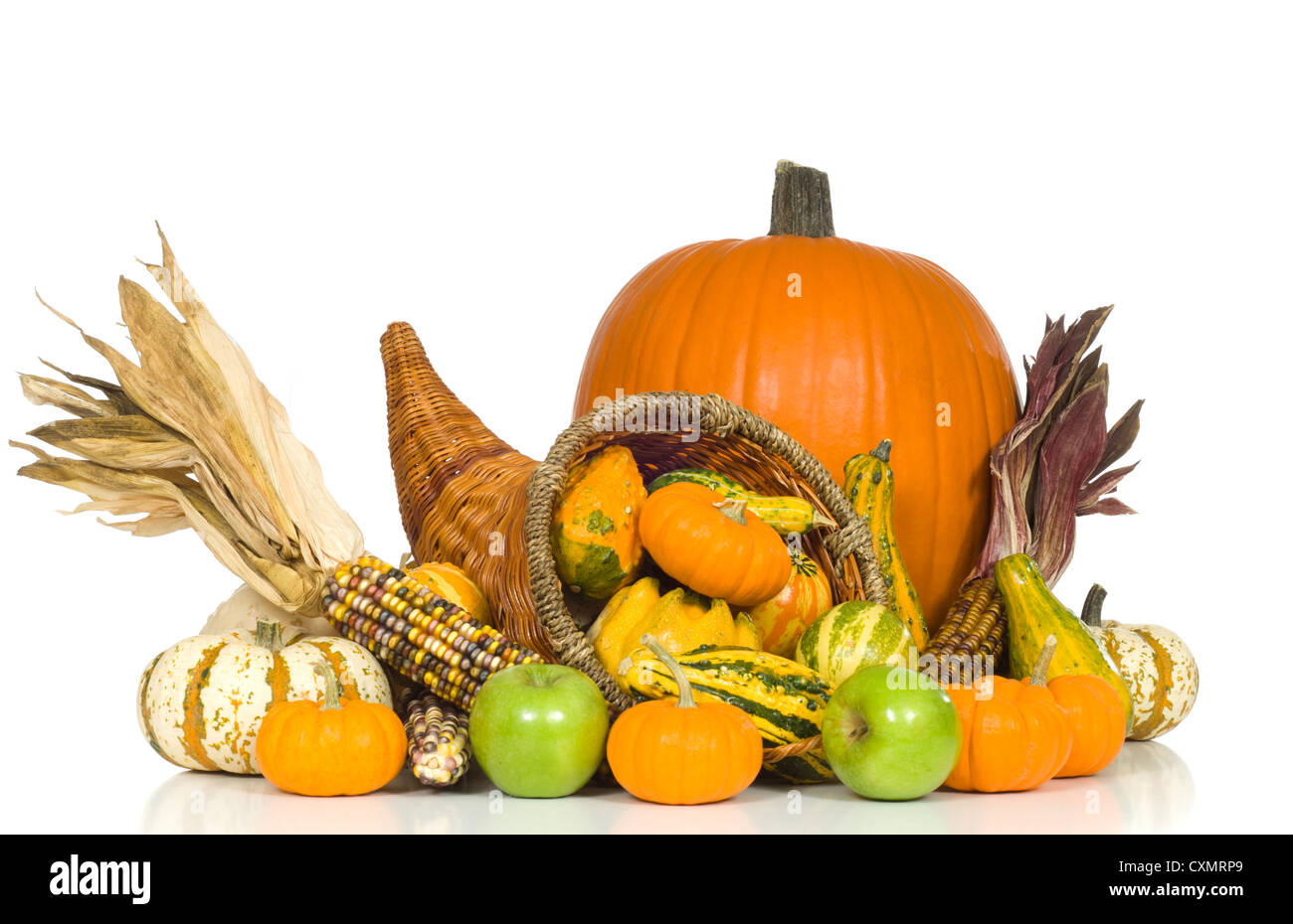 Cornucopia with fall harvest items including pumpkins, gourds, apples ...