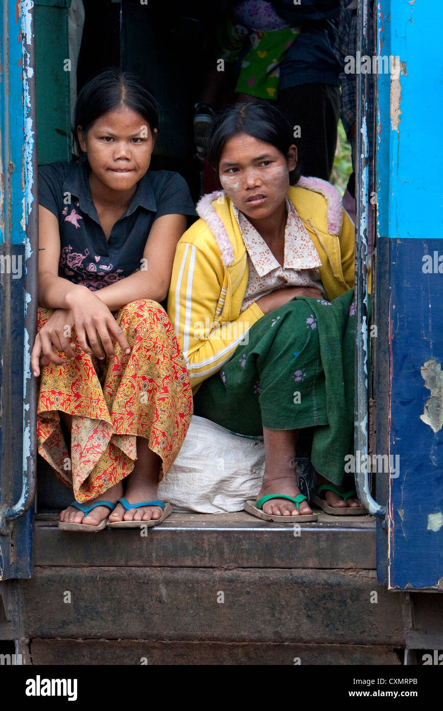 Myanmar, Burma. Passengers on Train Arriving at Kalaw Train Station. Stock Photo