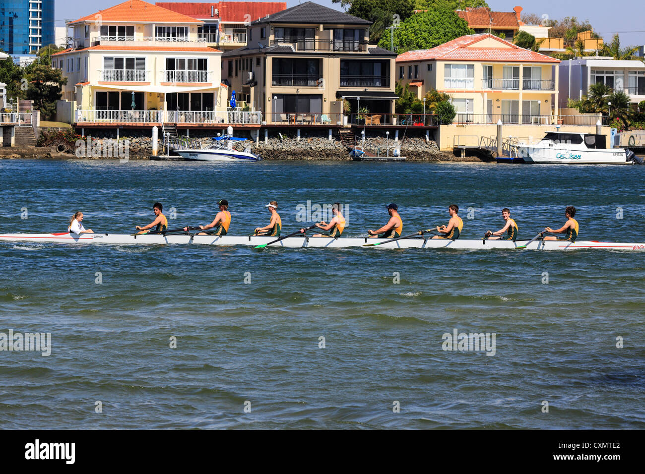 Uq Rowing Eights at University river regatta rowing for trophies Surfers Paradise ...