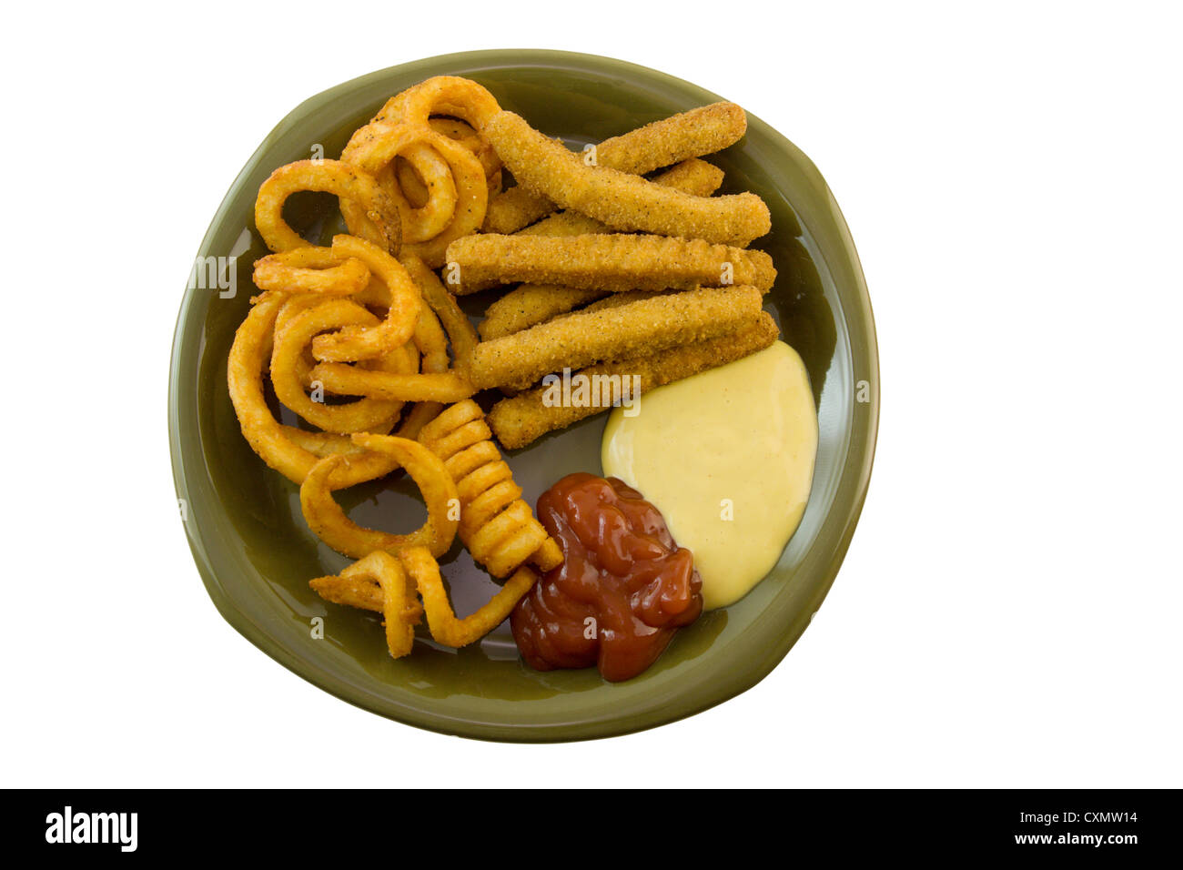 fried chicken breast strips, curly fries with honey mustard and ketchup for dipping Stock Photo