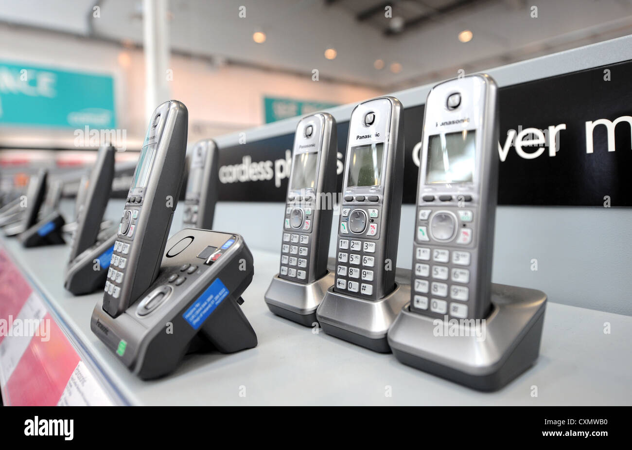 Panasonic telephone handsets for sale at Comet Electrical Goods store interior Stock Photo