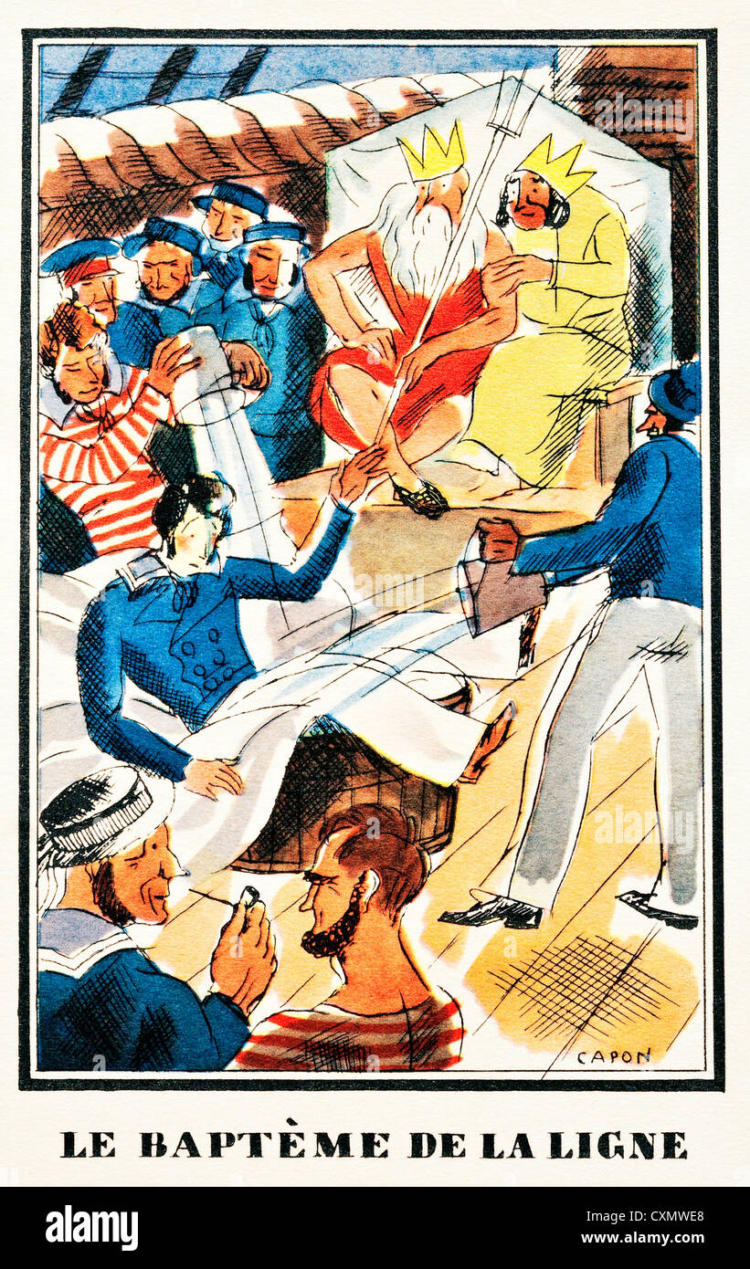"Le Bapteme de la Ligne" 1930s French publicity postcard depicting