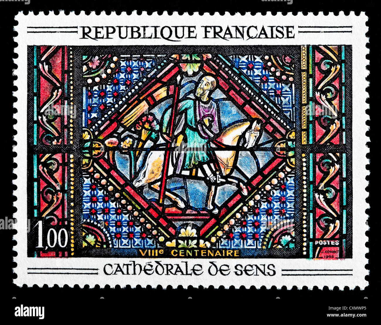 Unused 1965 French postage stamp depicting 'St Paul on Road to Damascus' stained glass window. Stock Photo