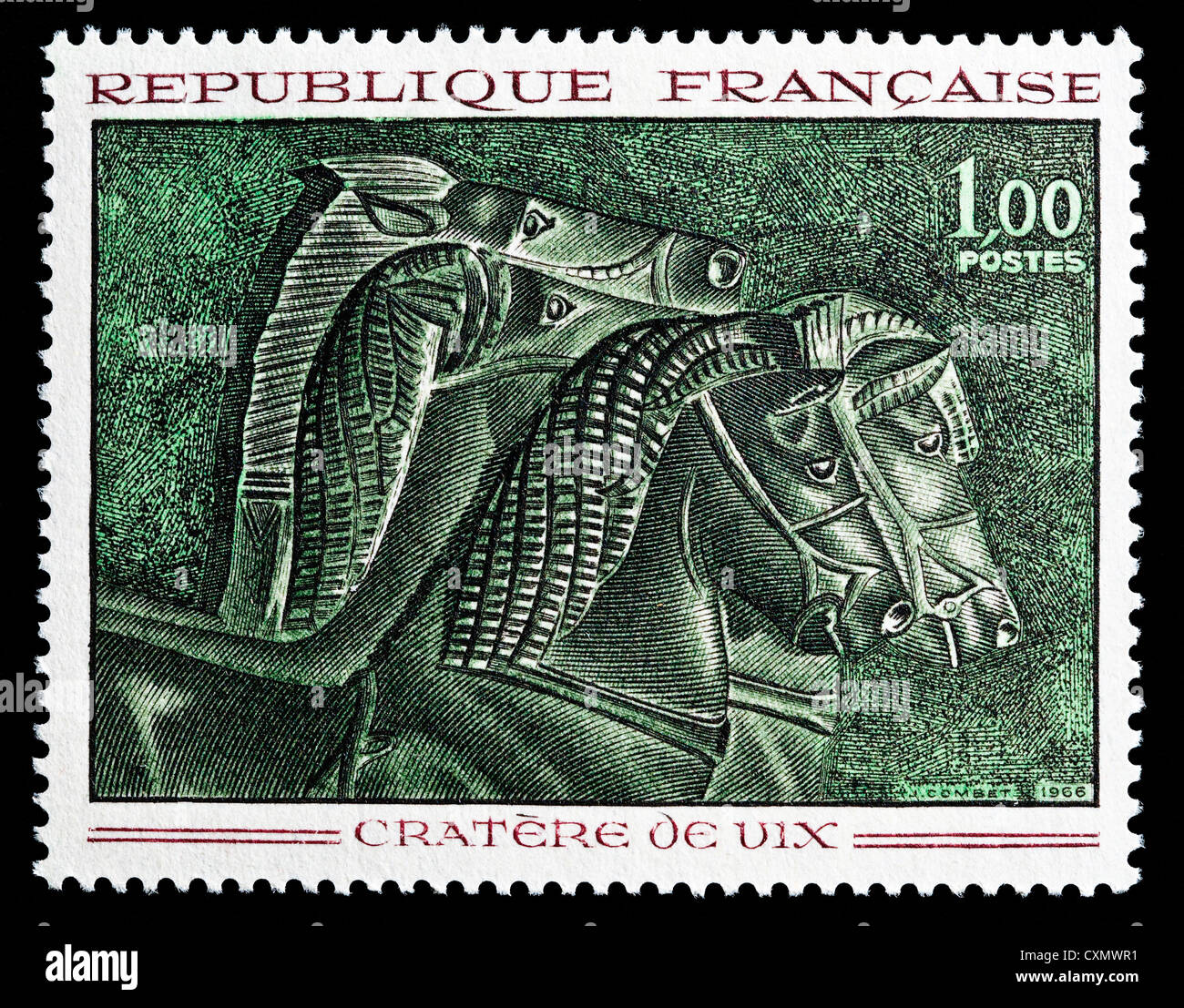 Unused 1966 French postage stamp depicting "Cratere de Vix" 500BC bronze drinking vessel. Stock Photo