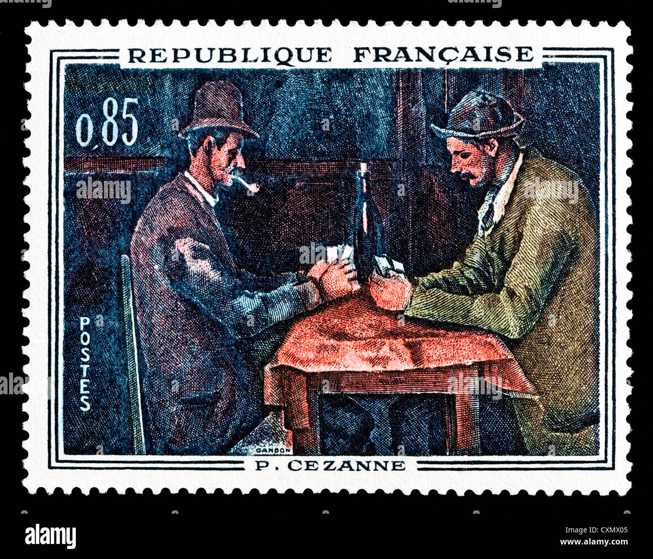 Unused 1962 French postage stamp depicting painting 'Les Jouers de Cartes' / The Card Players by Paul Cézanne. Stock Photo