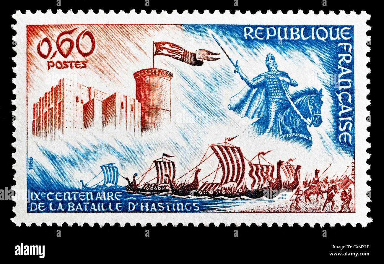 Unused 1966 French postage stamp depicting 900th Anniversary of the Battle of Hastings. Stock Photo