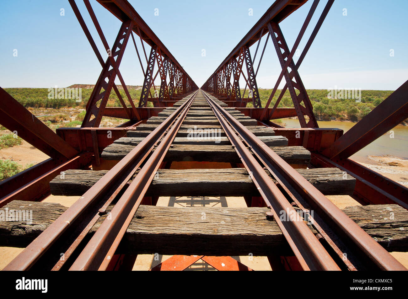 Rusty rails of historical Algebuckina Bridge. Stock Photo