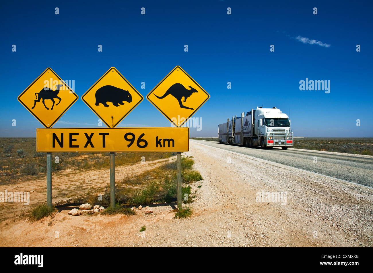 Iconic wildlife raod sign at Eyre Highway in Nullarbor Plain. Stock Photo