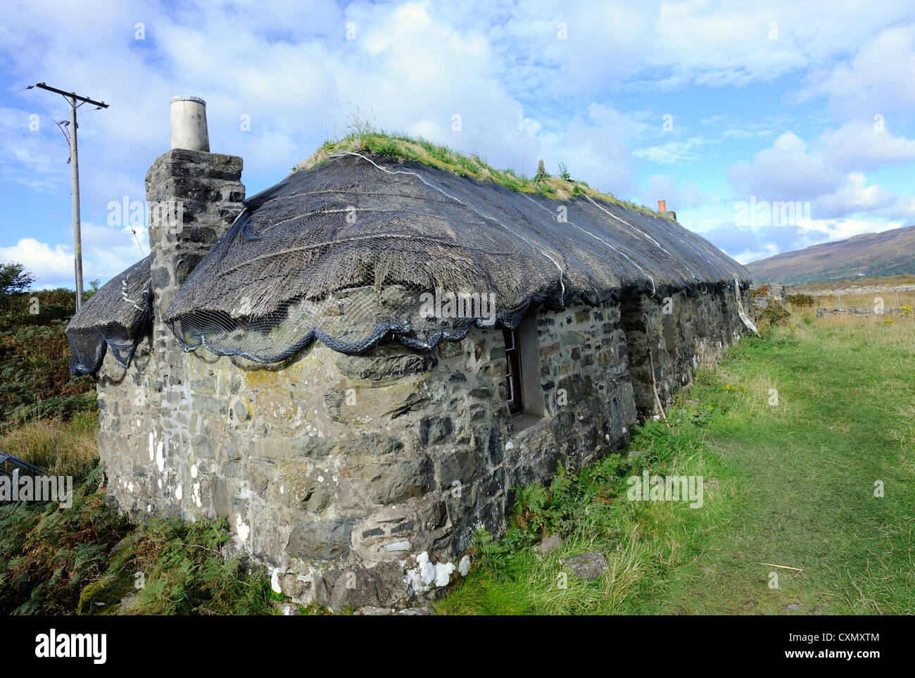 Ancent black house known as  Sheila MacFadyen's house on the island of Ulva.  Isle of Ulva,   Argyll and Bute, Scotland, Stock Photo