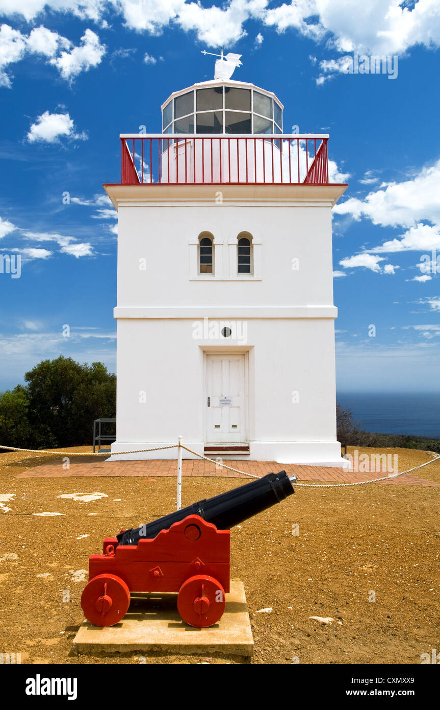 Cape Borda Lighthouse with an old cannon in front. Stock Photo