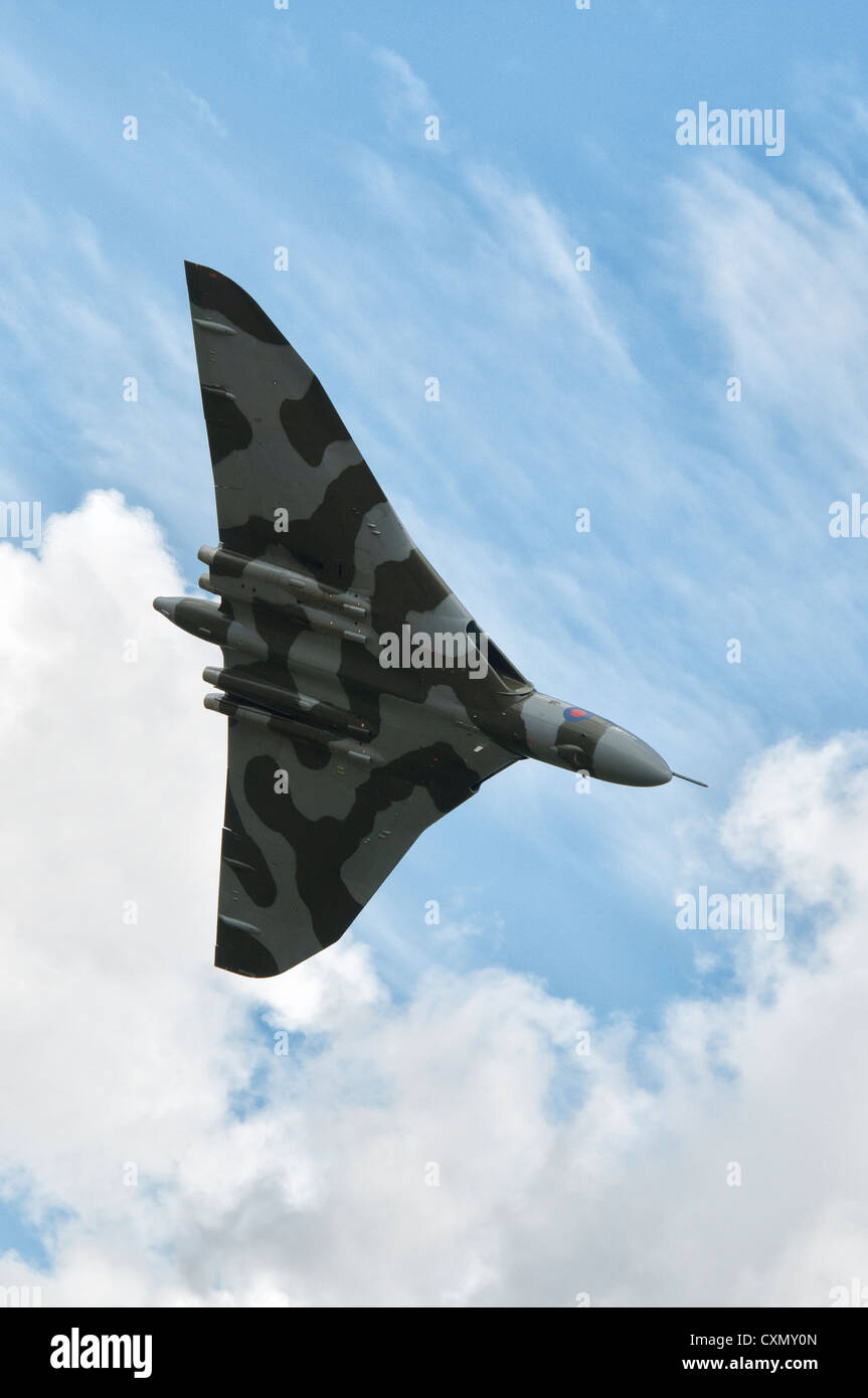 British Cold War Nuclear Bomber the Delta Winged AVRO Vulcan XH558 flies past at the 2012 Royal International Air Tattoo Stock Photo
