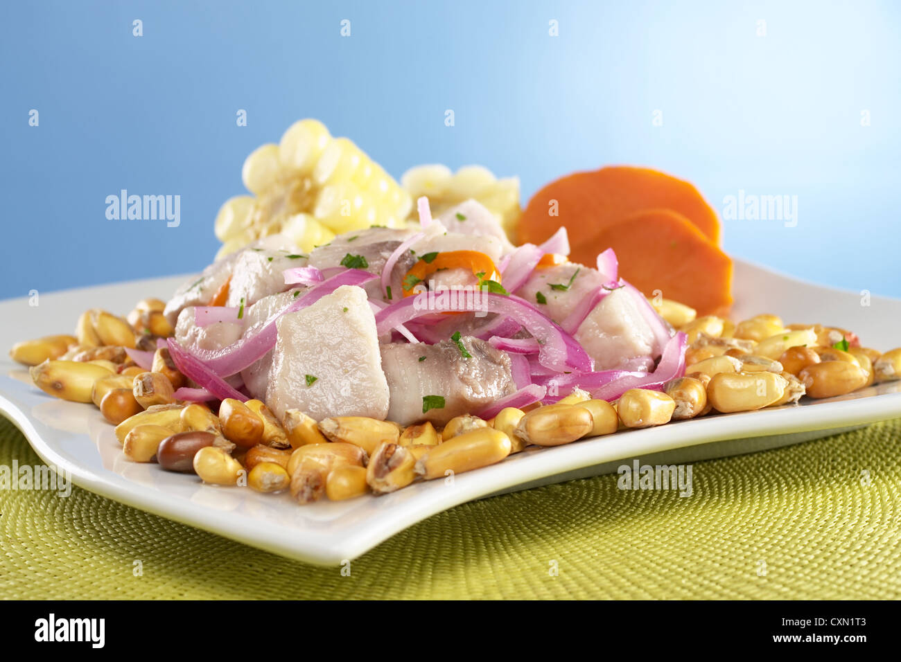 Peruvianstyle ceviche made out of raw mahimahi fish (Spanish perico