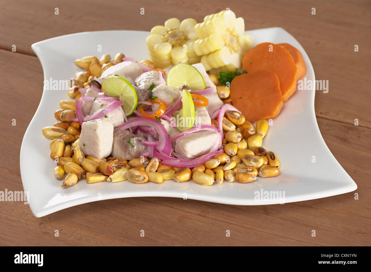 Peruvianstyle ceviche made out of raw mahimahi fish (Spanish perico