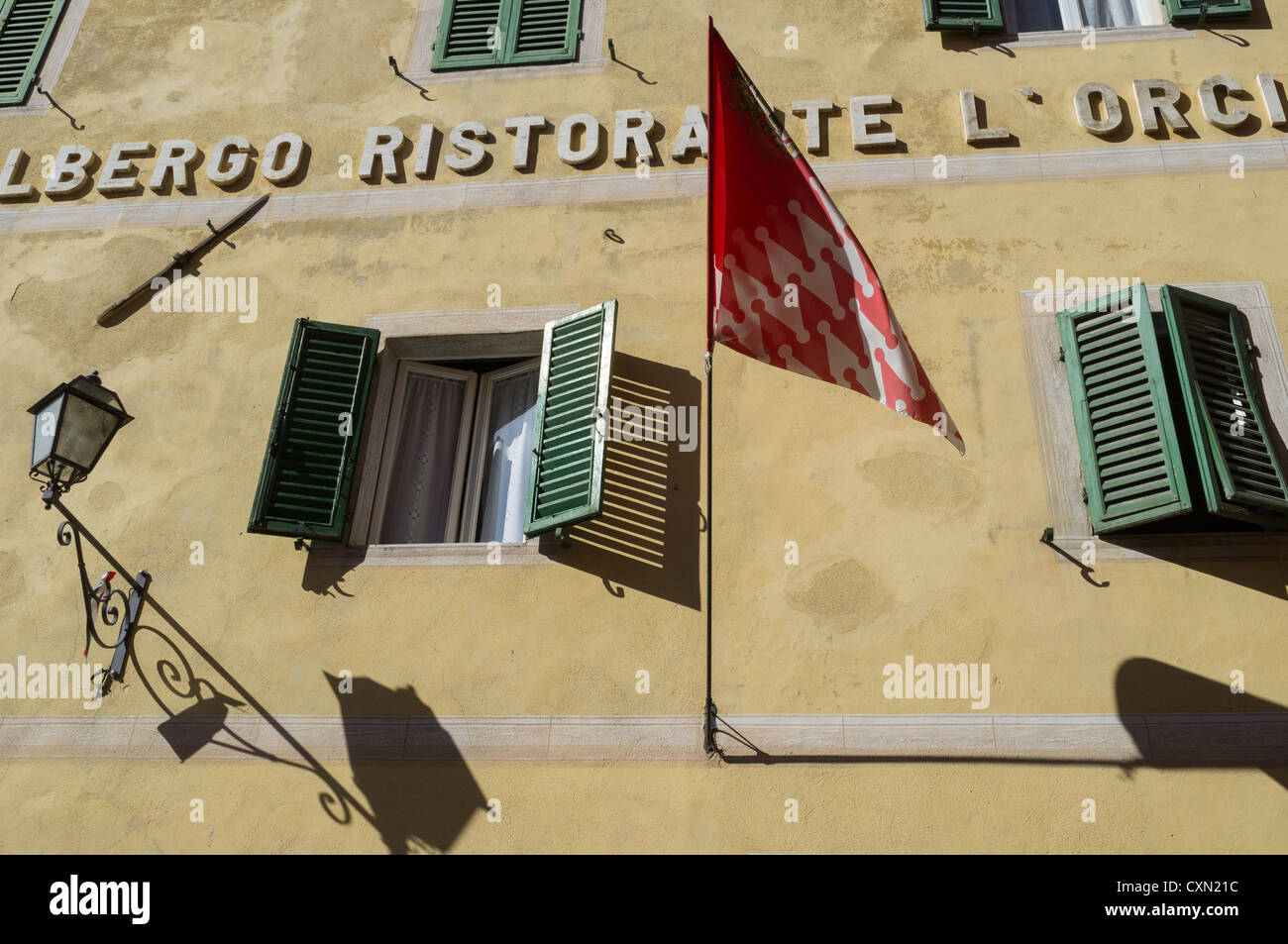 Facade of restaurant in San Quirico D'Orcia, Tuscany, Italy Stock Photo