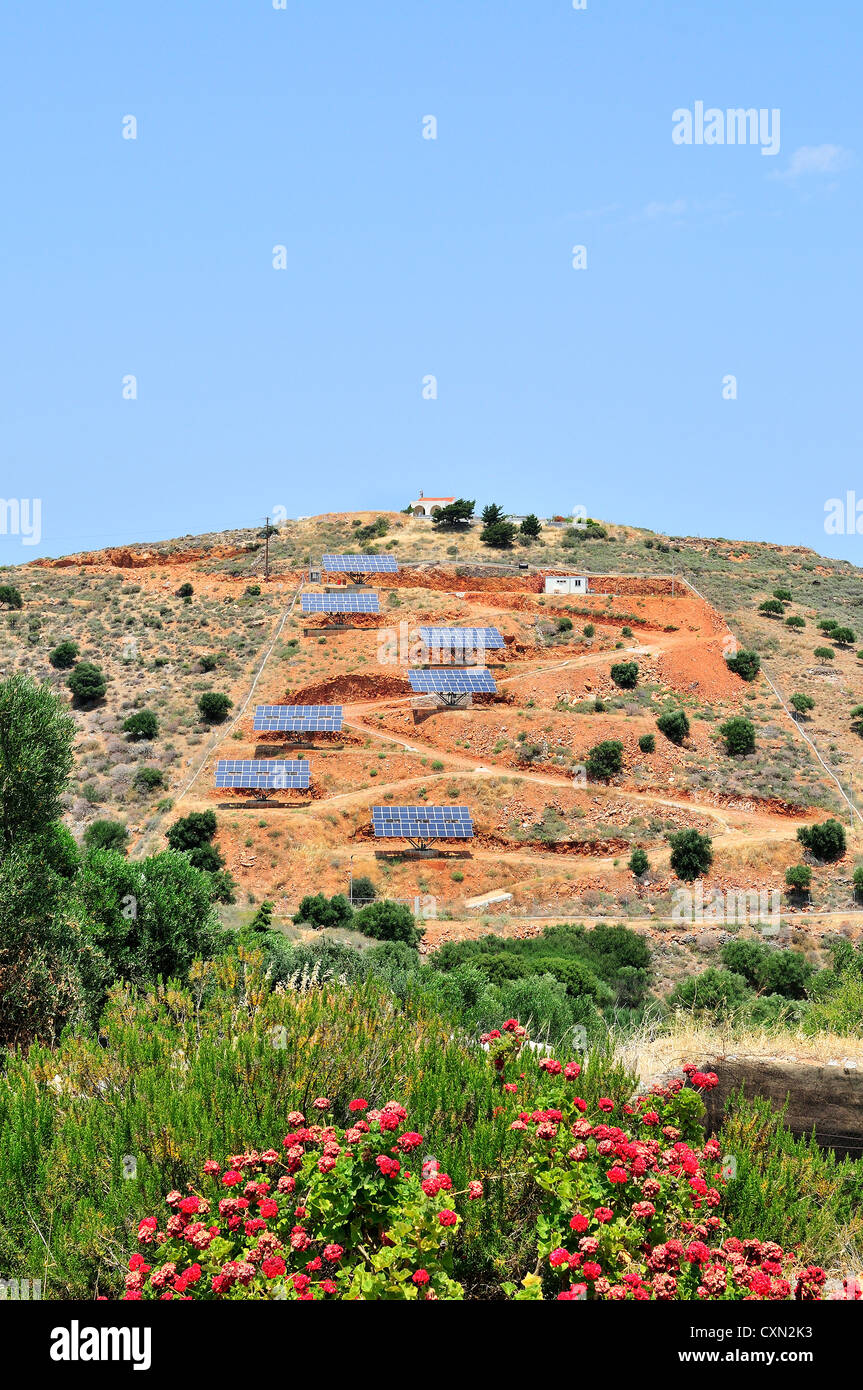 Solar panels on south facing hill near Elounda ,Crete, Greece Stock Photo