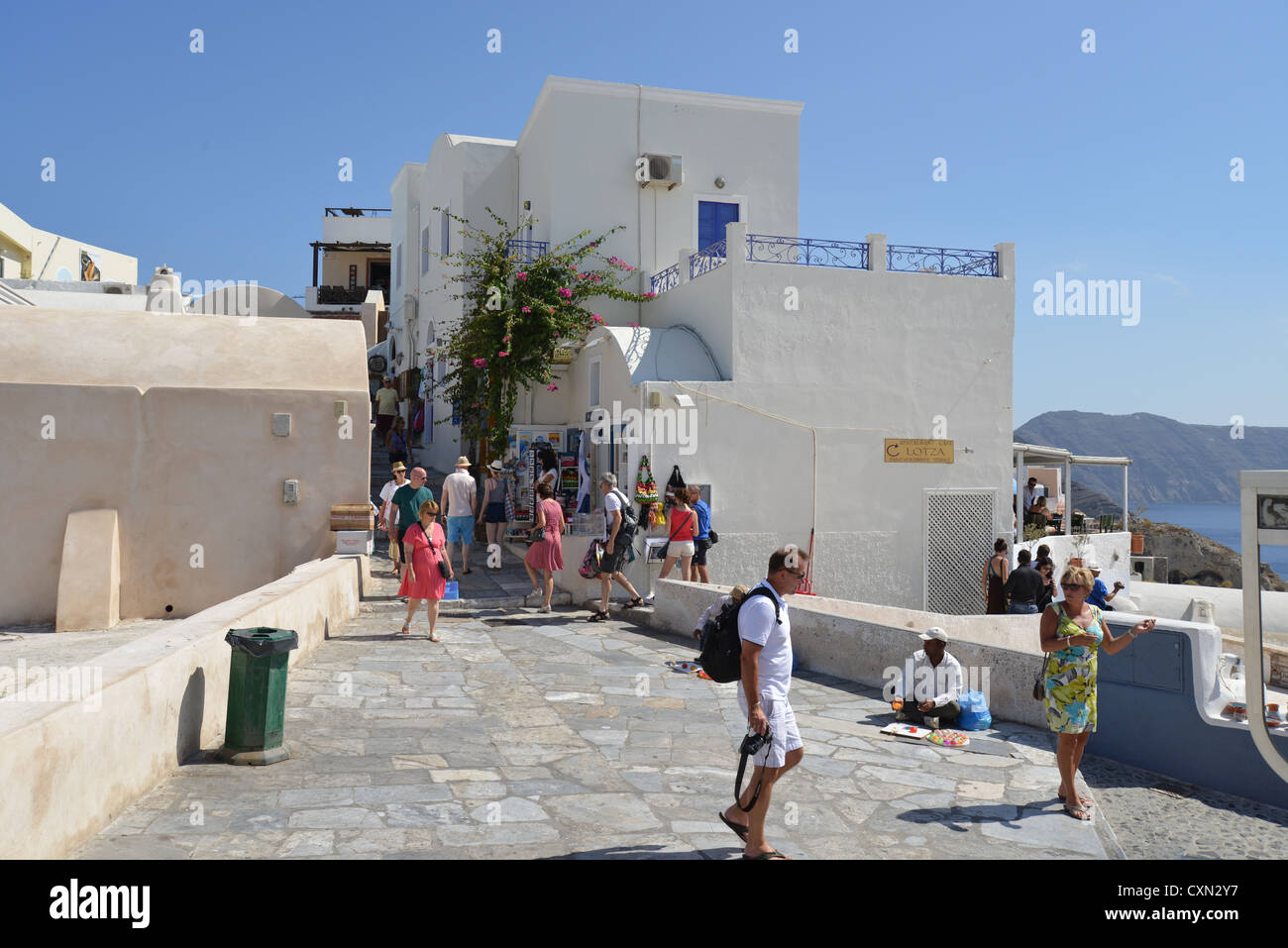 Street terrace in Oia, Santorini, Cyclades, South Aegean Region, Greece Stock Photo