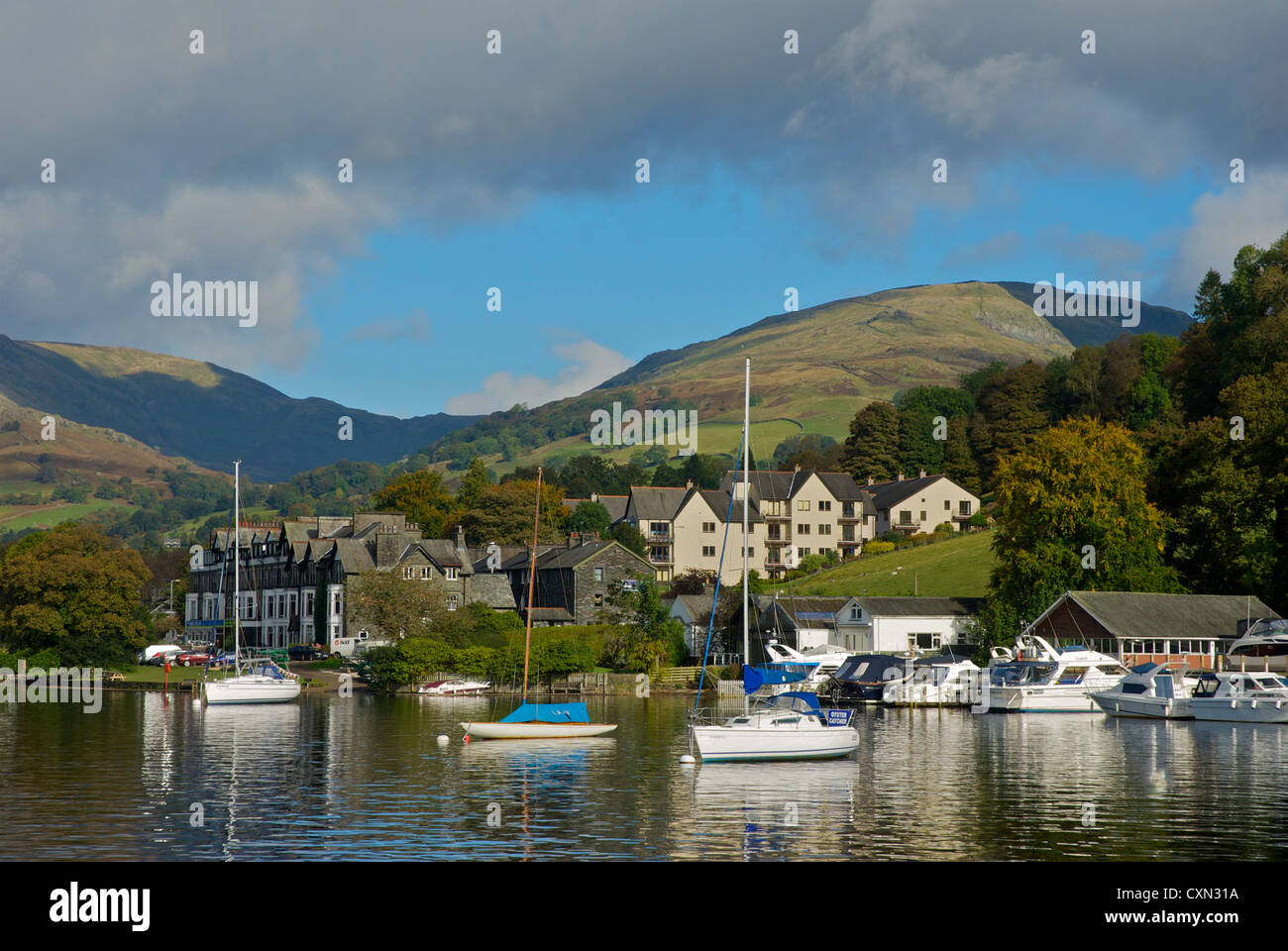 Yachts moored on Lake Windermere at Waterhead, Lake District National Park, Cumbria, England UK Stock Photo
