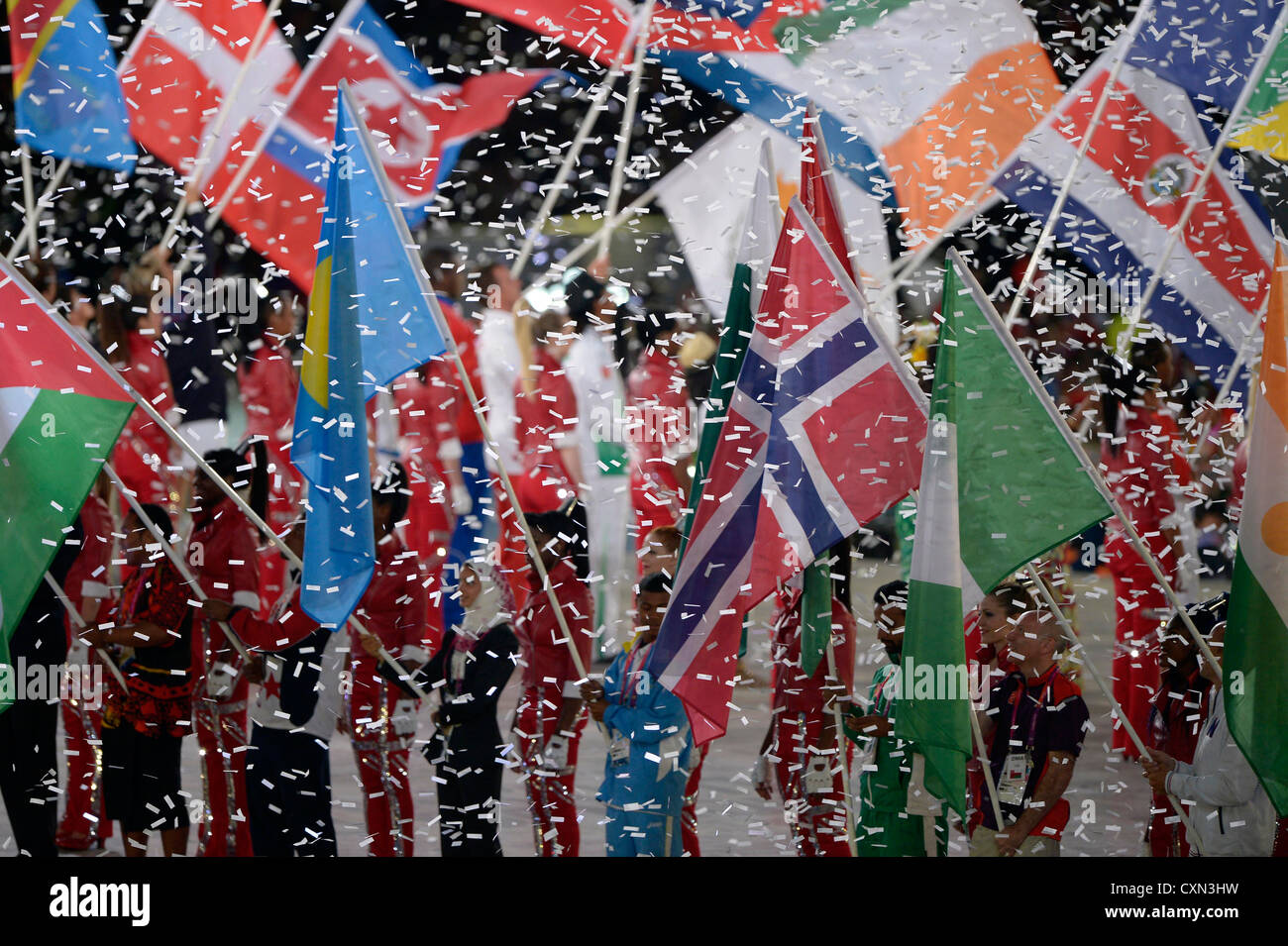 Ticker tape and flags of the nations. Stock Photo