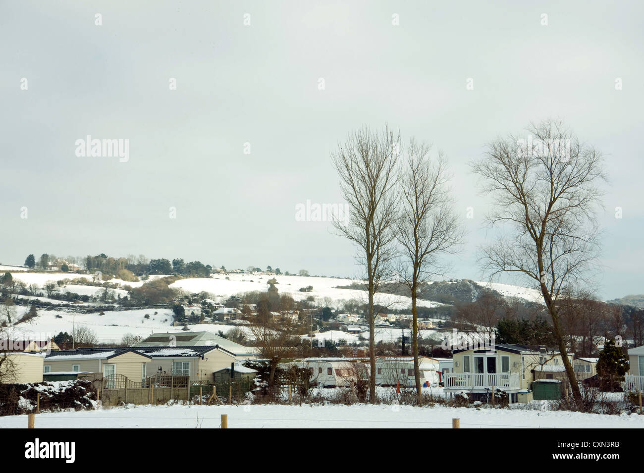 Caravan park covered with snow near Weston Super Mare, Somerset, England Stock Photo