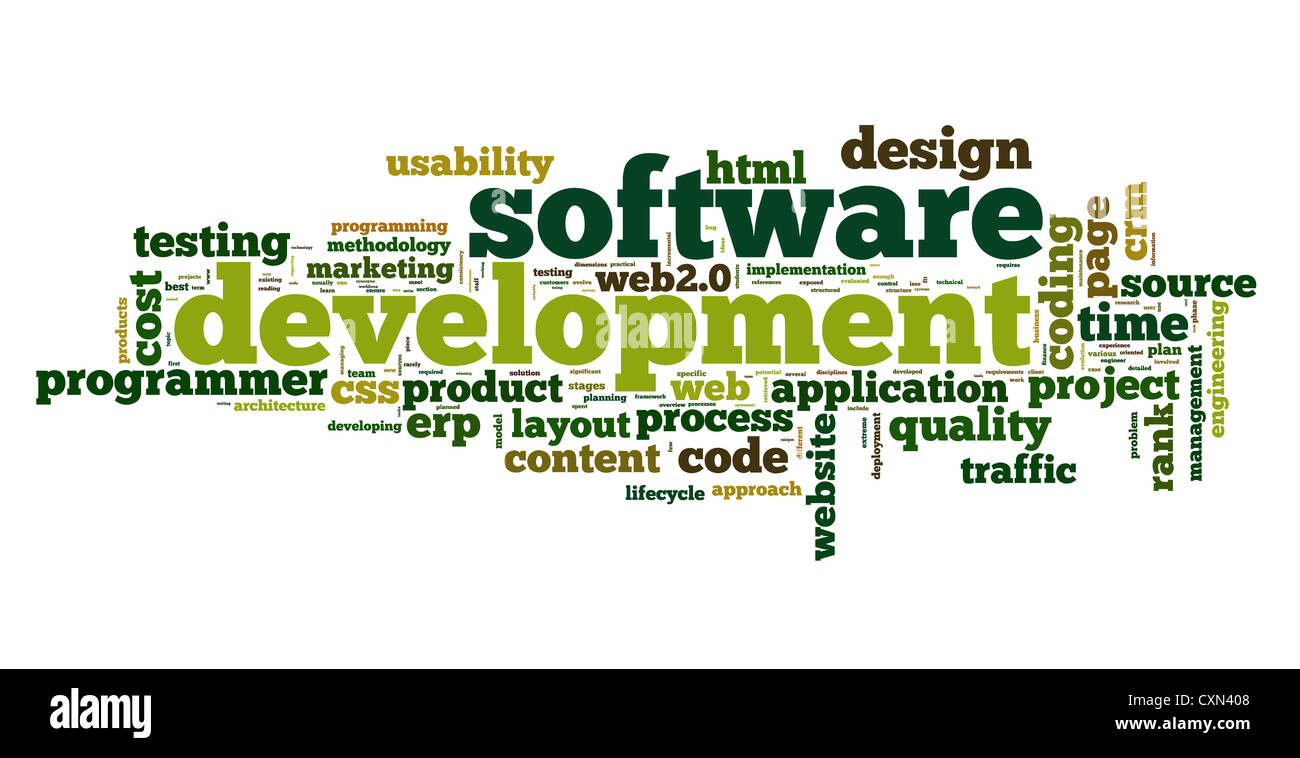 Software development concept in tag cloud on white background Stock