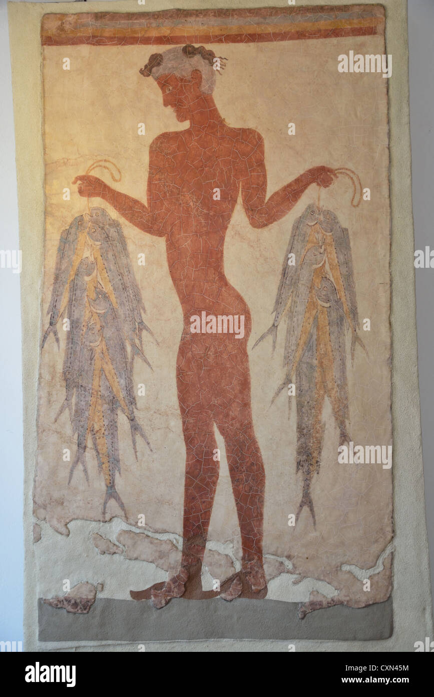 Akrotiri Fresco of Theran Fisherman in The Santozeum Museum, Firá, Santorini, Cyclades, South Aegean Region, Greece Stock Photo