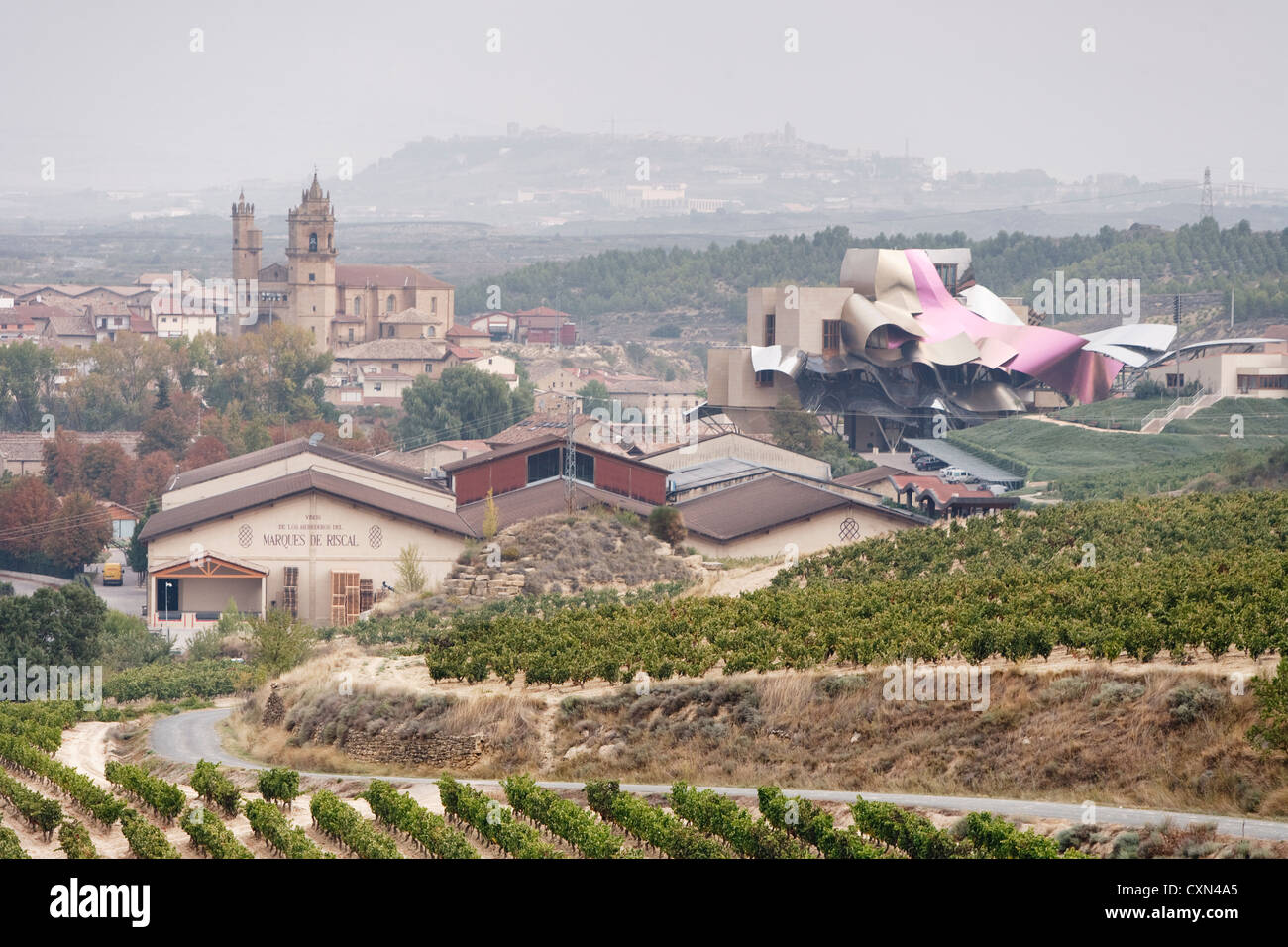 Wineries Marques de Riscal, hotel (designed by Frank Gehry ) and church at El Ciego, Rioja Alavesa, Alava, Spain Stock Photo