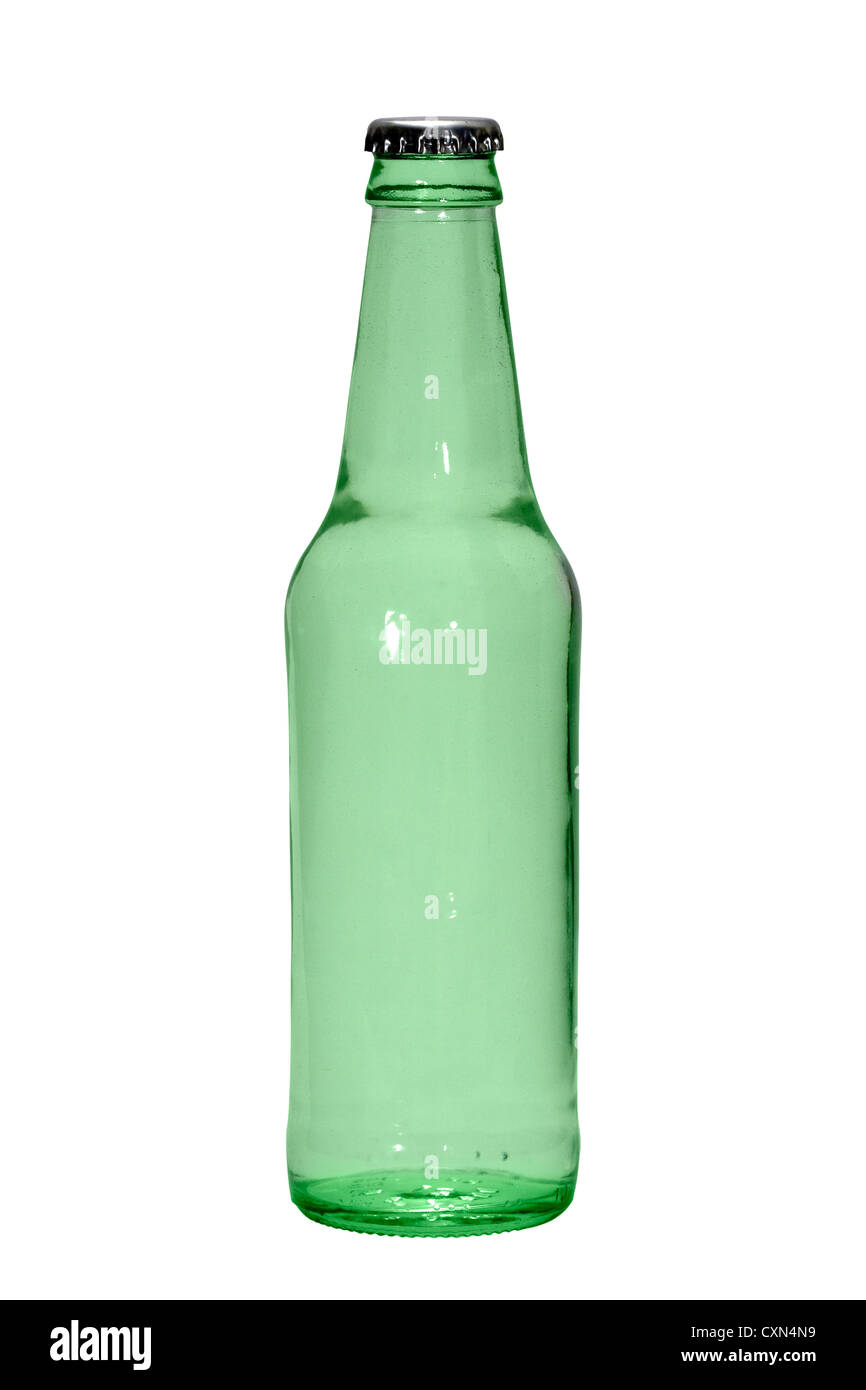 Cut Out. Green glass bottle with silver bottlecap on white background Stock Photo