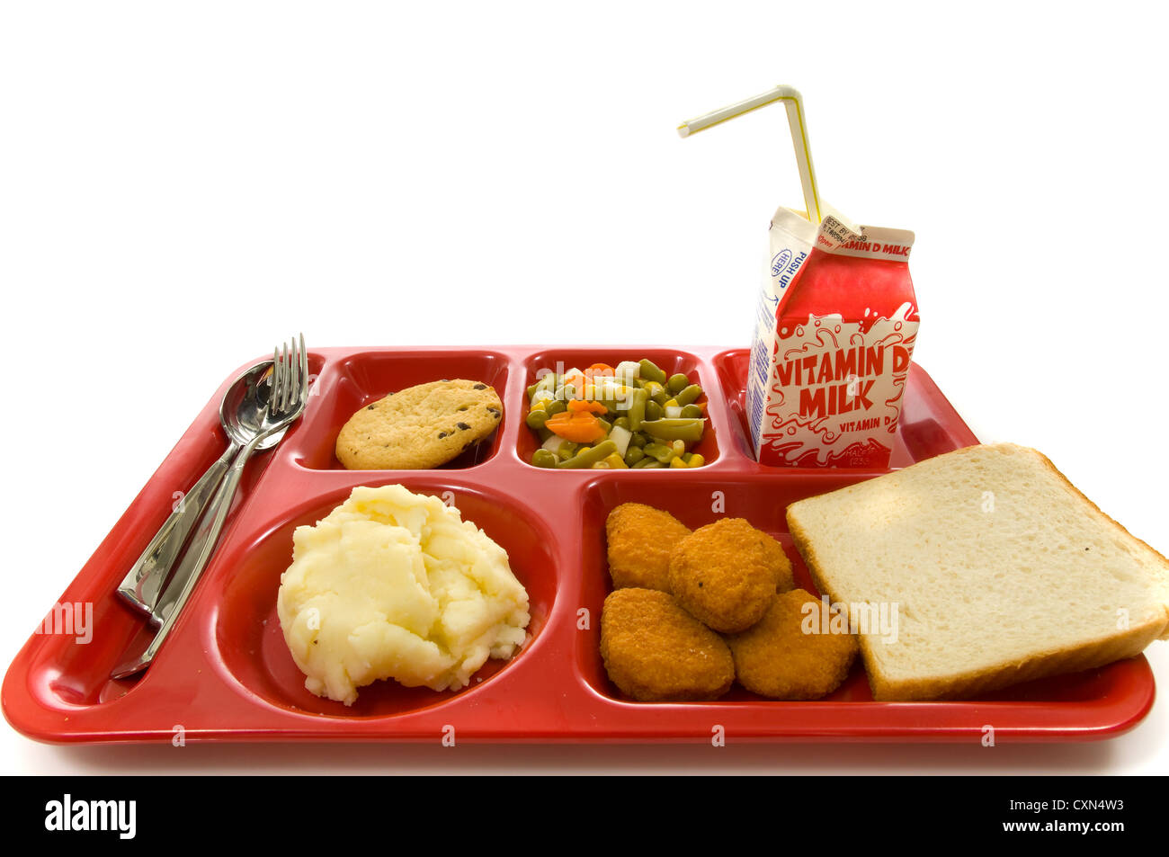 School lunch tray on white background Stock Photo