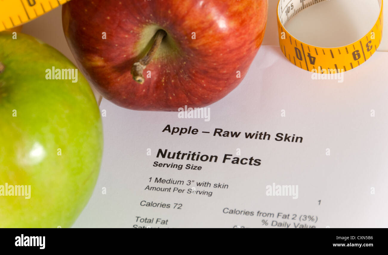 Nutrition facts and apples with a tape measure, items for dieting or healthy living Stock Photo