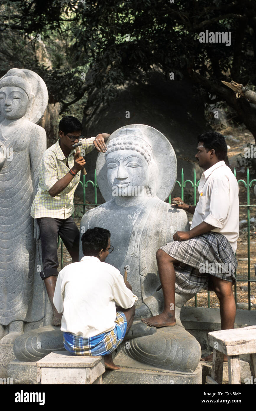Stone Sculptors at work, Mahabalipuram near Chennai; Madras, Tamil Nadu, South India, India