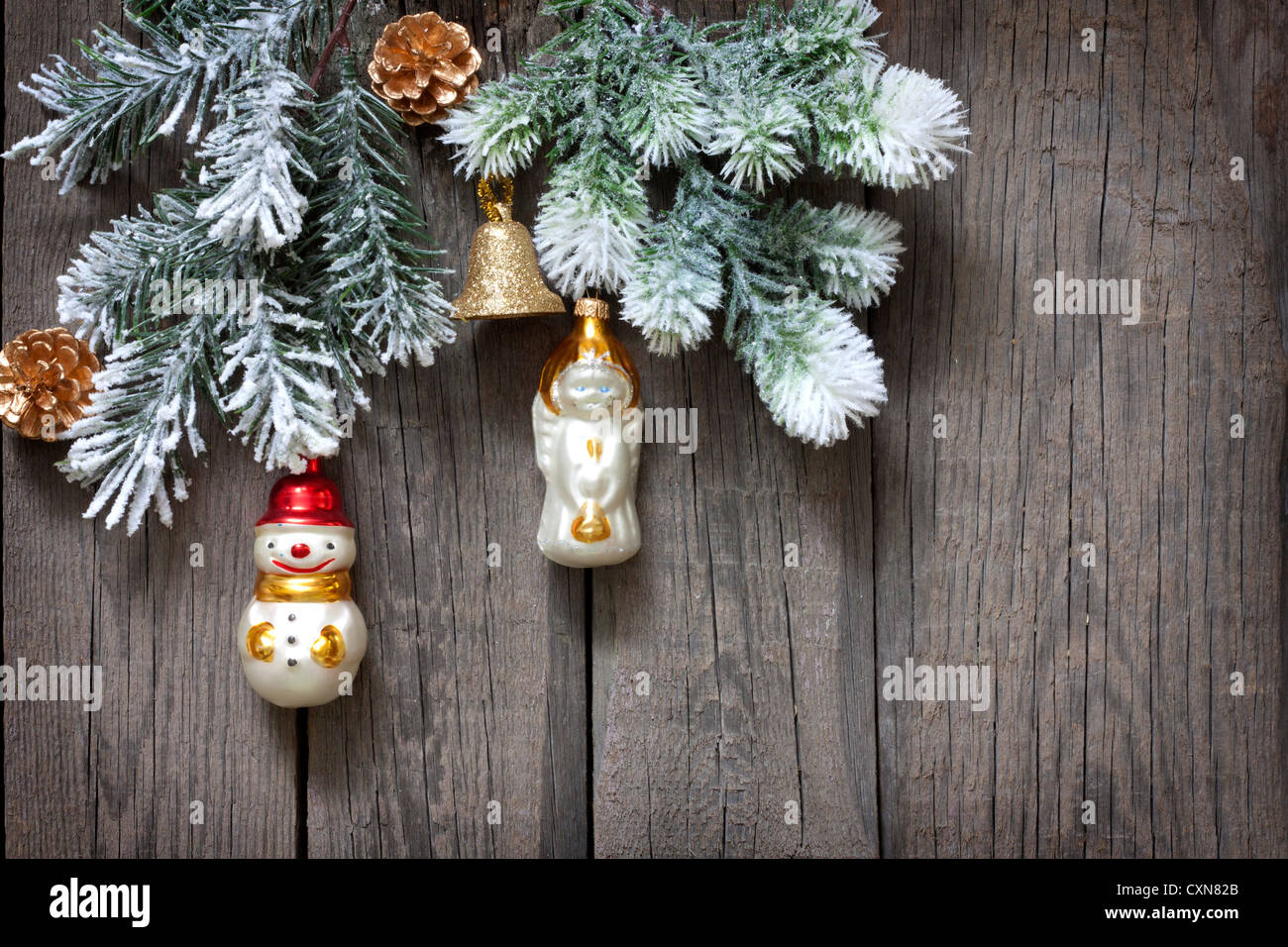 Christmas tree baubles background on vintage wooden boards Stock Photo