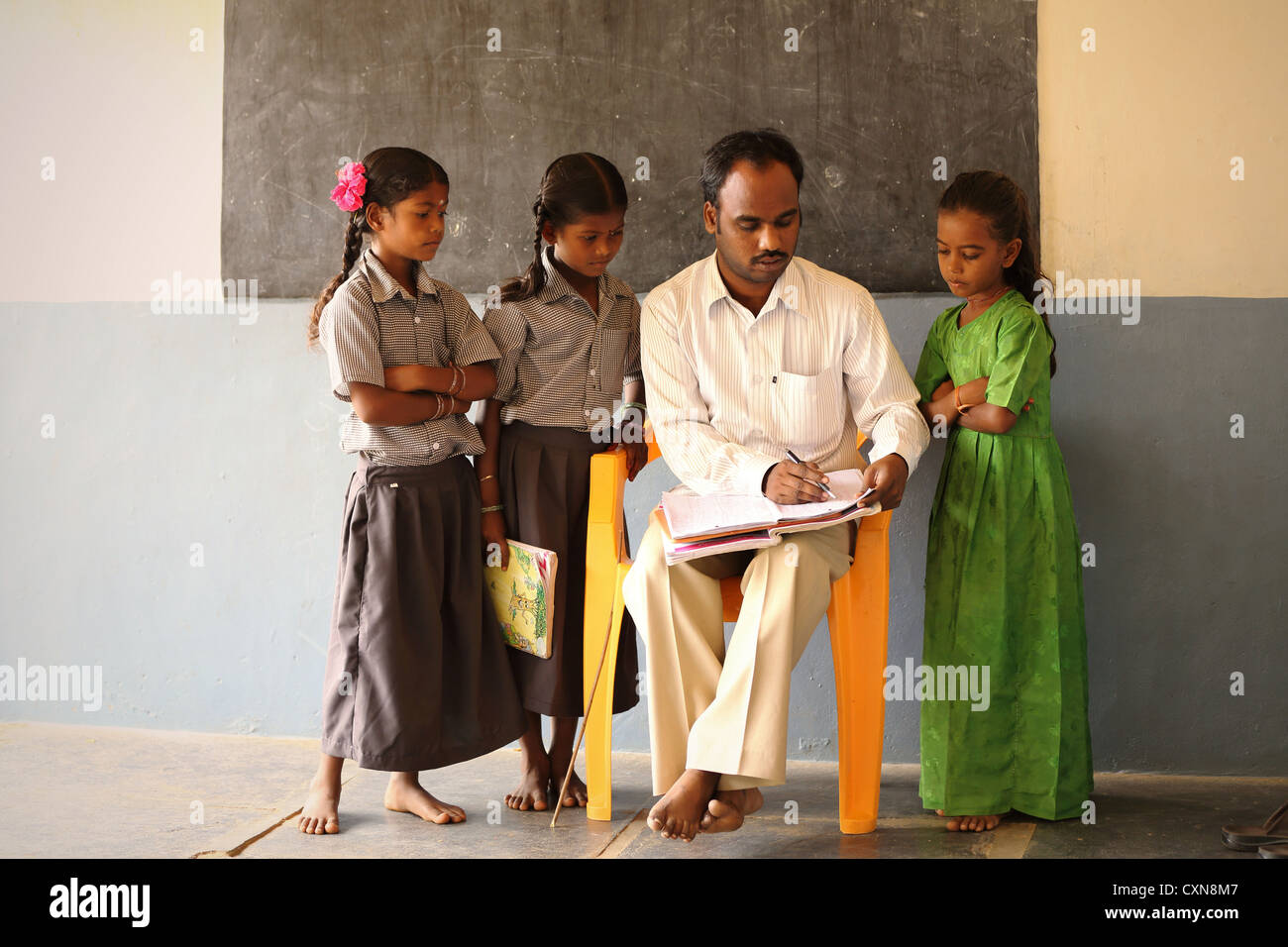 Indian school children with teacher Andhra Pradesh South India Stock Photo