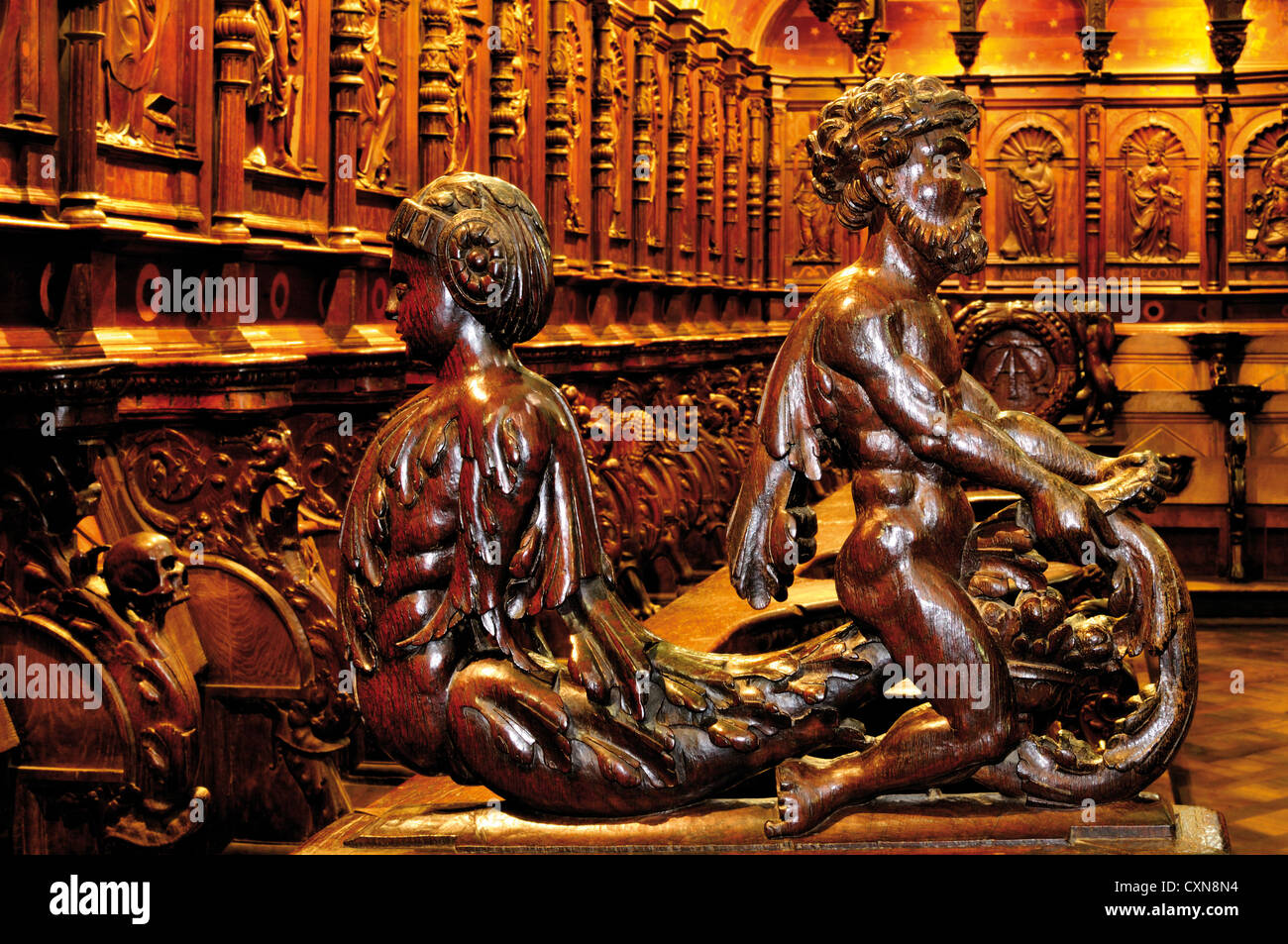 France, St. James Way: Detail of the Renaissance Choir stalls in the Cathedral Notre Dame in St. Bertrand de Comminges Stock Photo