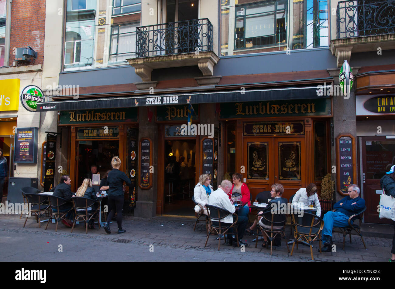 Bar terrace Stroget pedestrian street central Copenhagen Denmark Europe Stock Photo