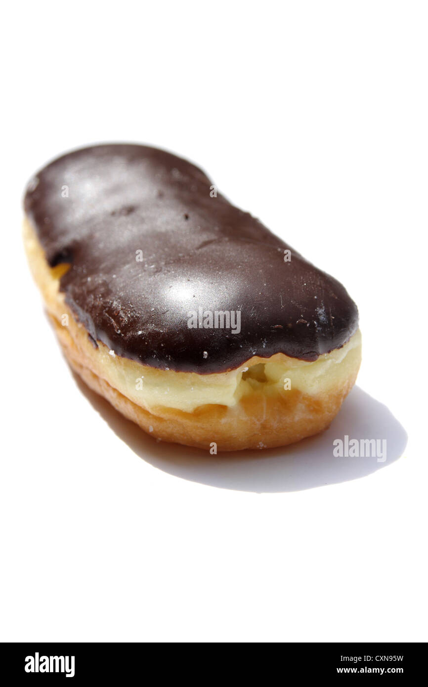 Chocolate cream filled donut on white background Stock Photo Alamy