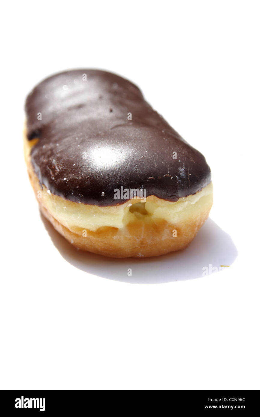Chocolate cream filled donut on white background Stock Photo - Alamy