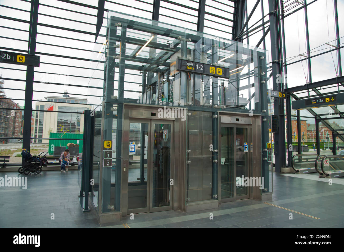 Lift inside new extension (2011) of Malmö centralstation the main railway station Malmö city Skåne county Sweden Europe Stock Photo