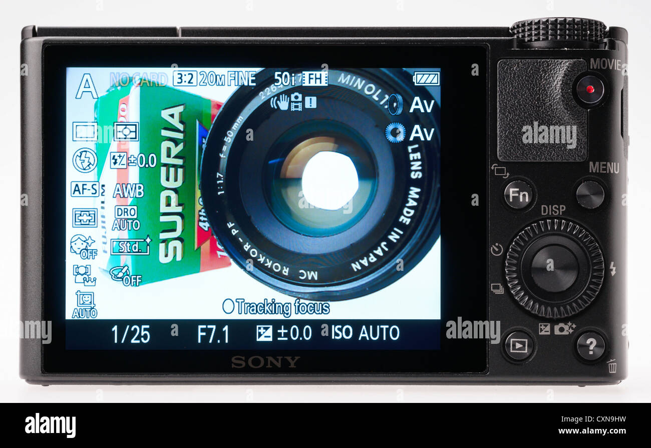 High-end Sony Cyber-shot DSC-RX100 large sensor zoom compact digital camera 20 megapixels. Large rear screen. Stock Photo