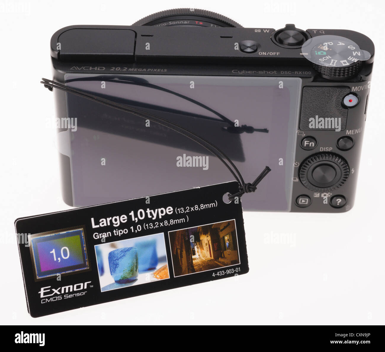 High-end Sony Cyber-shot DSC-RX100 large sensor zoom compact digital camera 20 megapixels. Product feature swingtags. Stock Photo