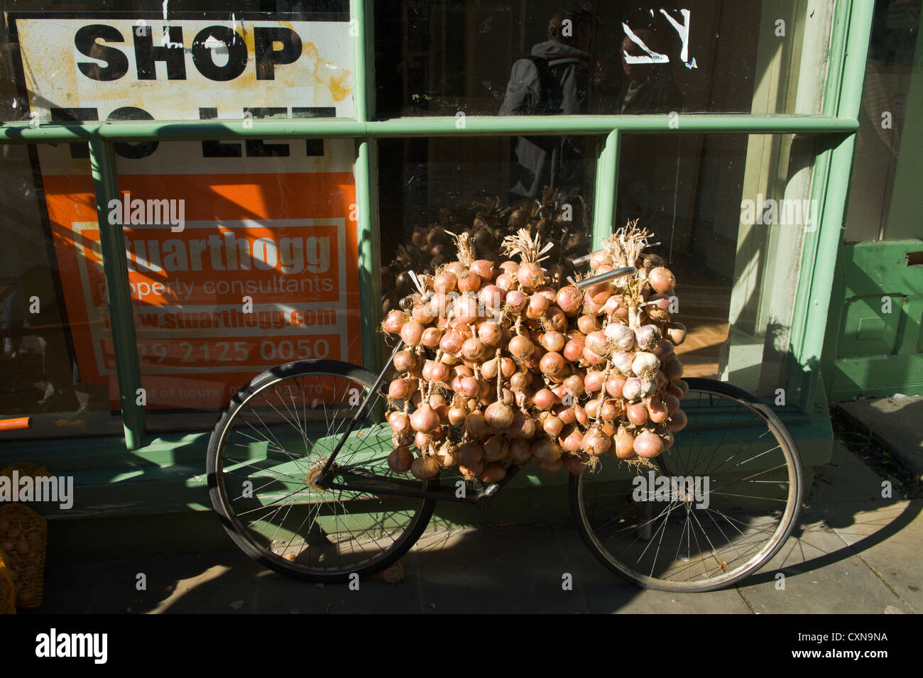 French onion seller on street outside shop to let in Brecon Powys South