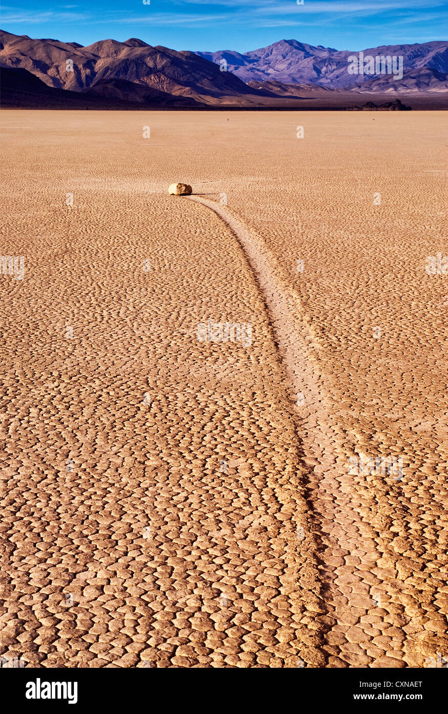 Moving rocks at The Racetrack dry lake, Mojave Desert in Death Valley