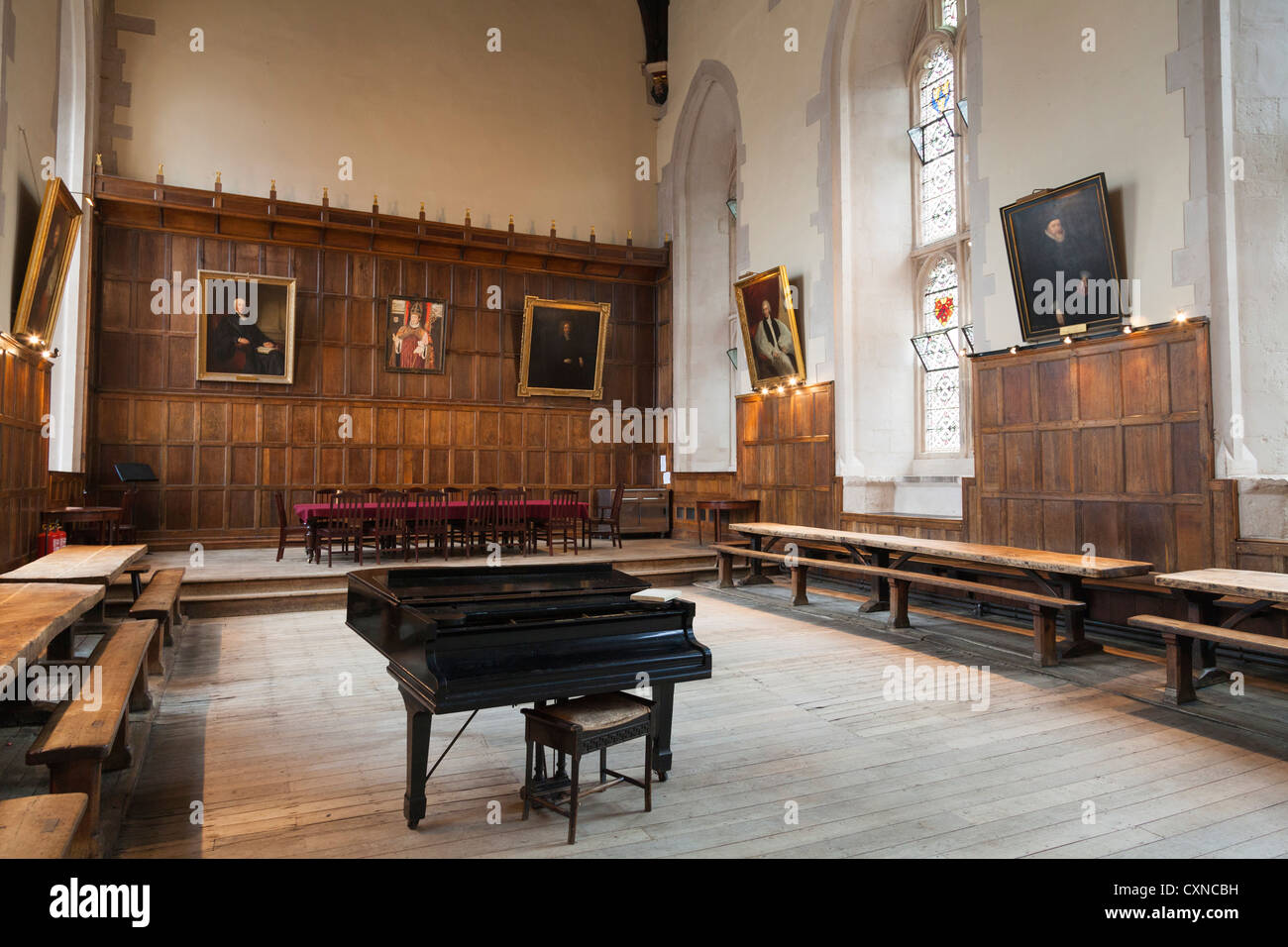 Dinning Hall With Grand Piano At Winchester College Stock Photo